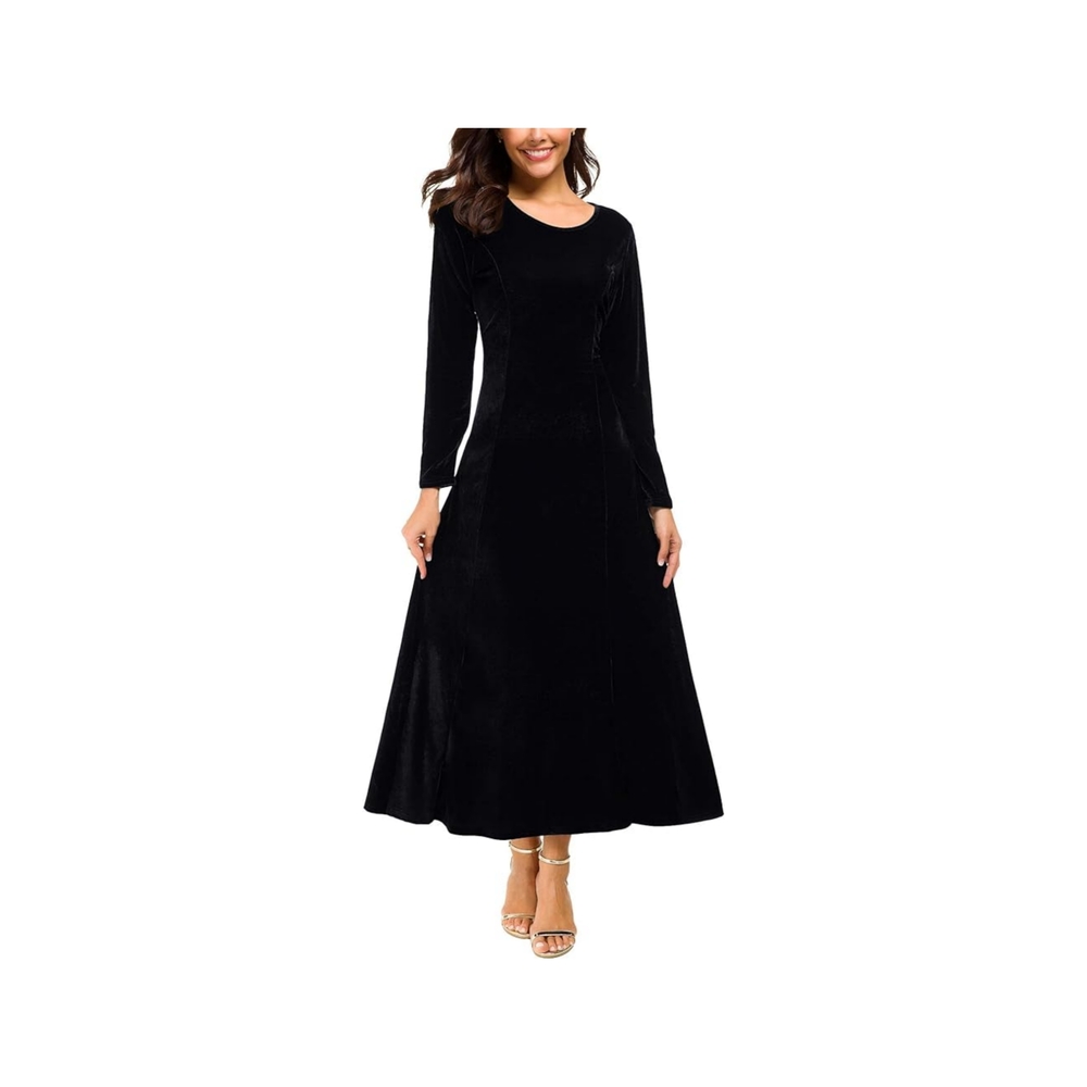 Women's Elegant Long Sleeve Ruched Velvet Stretch Black  Dress